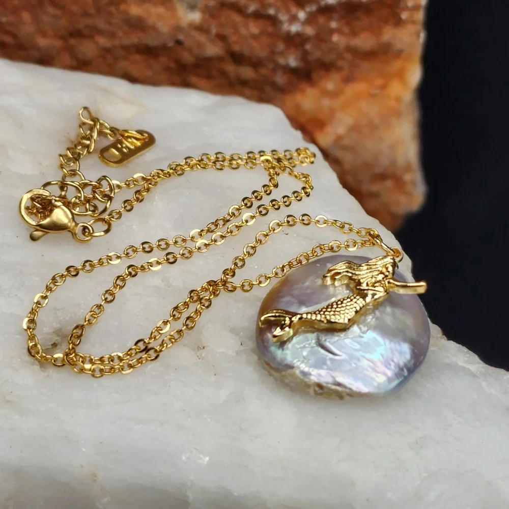 Minimalist Jewelry Mermaid Pendant Natural Pearl 14k Gold plated Necklace